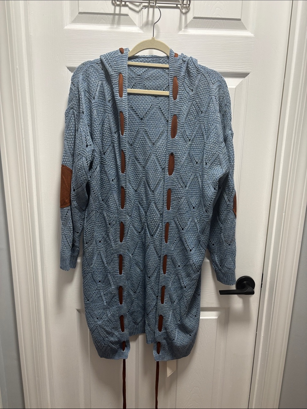 Hooded Light Blue Knit Cardigan with Brown Trim